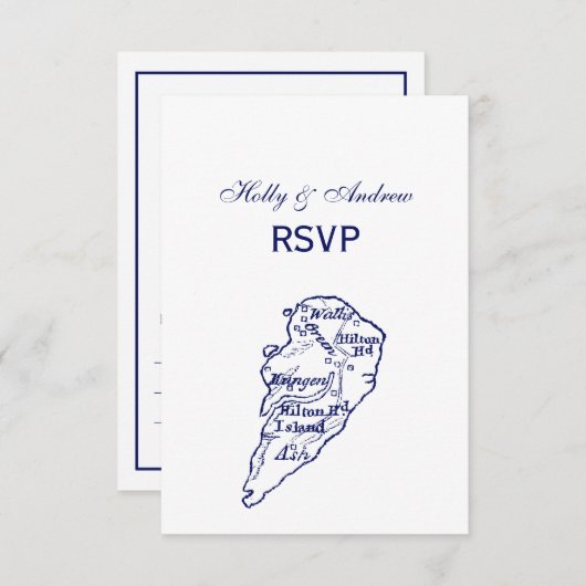 Hilton Head Island SC  Map Navy Blue RSVP Kaartje (Voorkant / Achterkant)