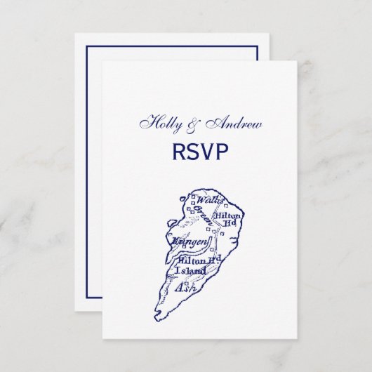 Hilton Head Island SC  Map Navy Blue RSVP Kaartje (Voorkant / Achterkant)