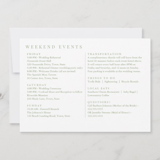 Hilton Head Sage Green Wedding Welkomstroute Bedankkaart (Achterkant)