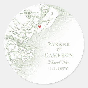Hilton Head SC Kaart Elegante Sage Wedding Favorie Ronde Sticker