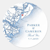 Hilton Head SC Kaart Marine Blauw Elegante Huwelij Ronde Sticker (Voorkant)