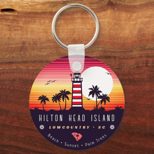 Hilton Head vuurtoren SC Retro Sunset Souvenirs Sleutelhanger (Voorkant)