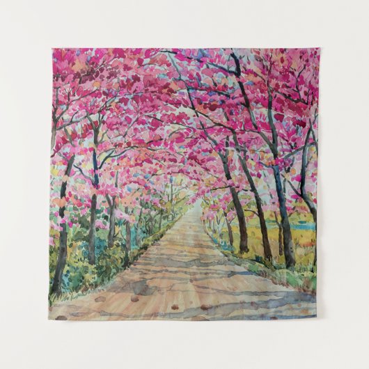 Himalaya Cherry Roadside Waterverf Landschap Wandkleed (Voorkant)