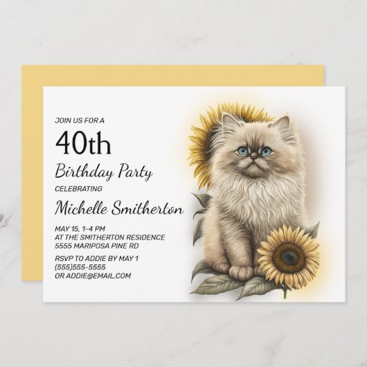 Himalayan Kitten Cat Sunflower 40th Birthday Kaart (Voorkant / Achterkant)