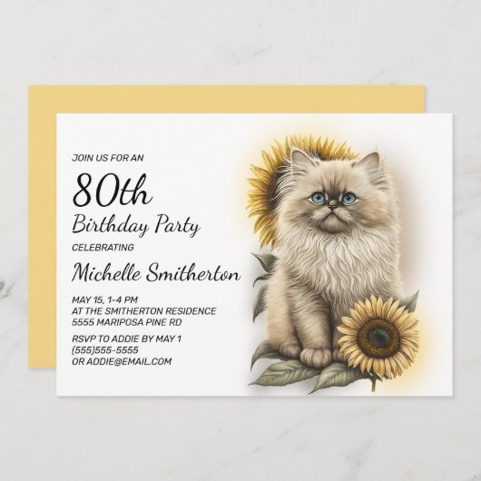 Himalayan Kitten Cat Sunflower 80th Birthday Kaart (Voorkant / Achterkant)