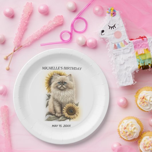 Himalayan Kitten Cat Sunflower Birthday Naam Papieren Bordje (Feest)