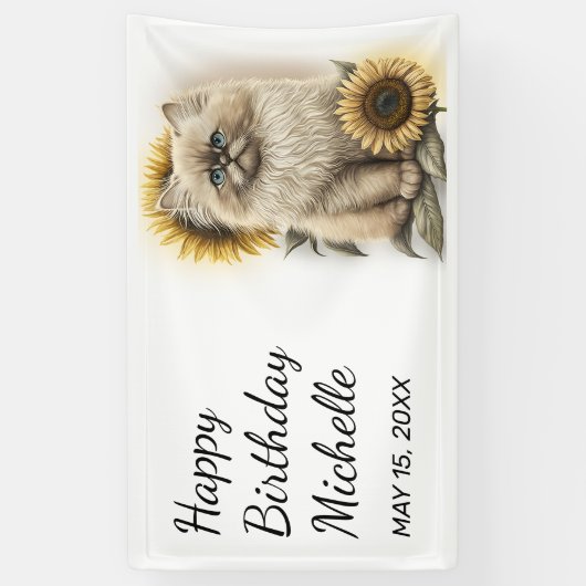 Himalayan Kitten Cat Sunflower Happy Birthday Spandoek (Verticaal)