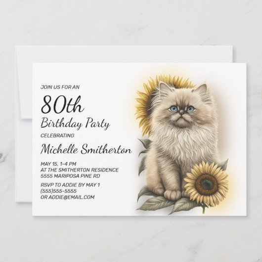 Himalayan Kitten Kat Zonnebloemen 80ste Verjaardag Kaart (Voorkant)