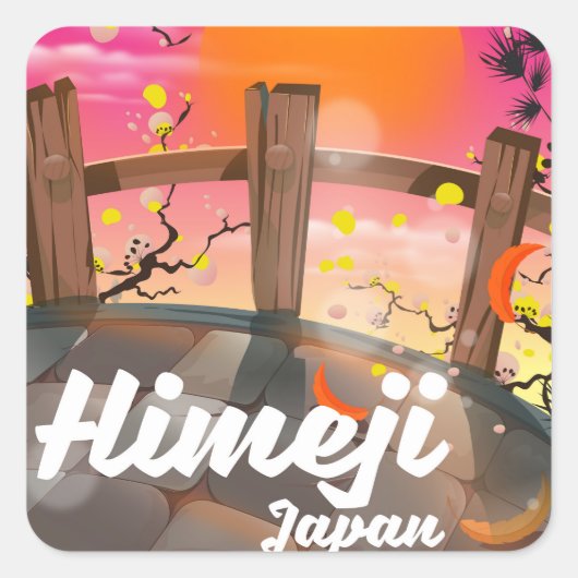 Himeji Japan bloemenposter. Vierkante Sticker (Voorkant)