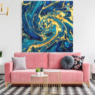 Himmerend Goud & Deep Sea Blauwe Vloeibare Acryl A Canvas Afdruk
