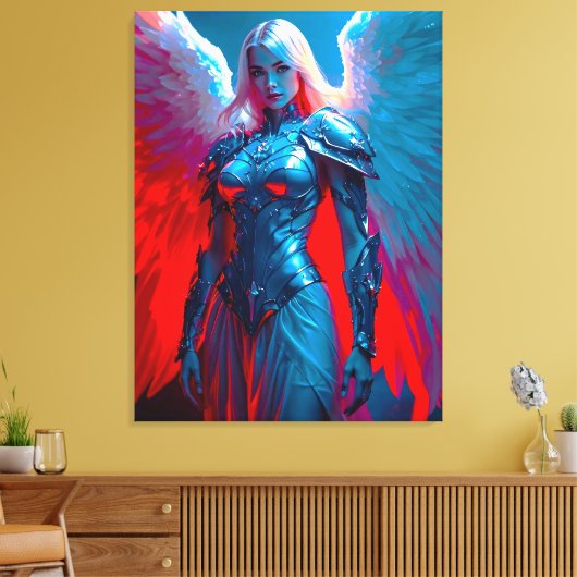 Himmlische Engelsschönheit in silberner Rüstung Canvas Afdruk (Insitu (Woonkamer))