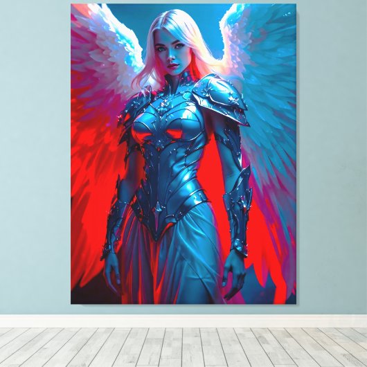 Himmlische Engelsschönheit in silberner Rüstung Canvas Afdruk (Insitu (Houten vloer))