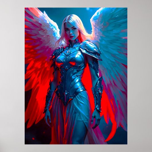 Himmlische Engelsschönheit in silberner Rüstung Poster (Voorkant)