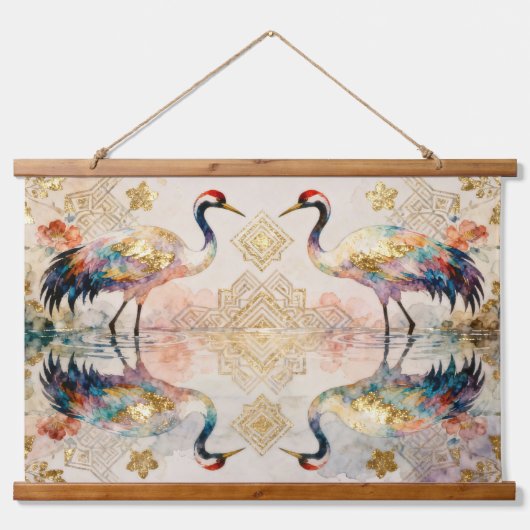 Himmlische Kraniche in Harmonie - Wasserfarben Hangend Wandkleed (Voorkant)