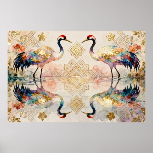 Himmlische Kraniche in Harmonie - Wasserfarben Poster (Voorkant)