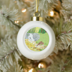 Hinde en jong hert keramische bal ornament