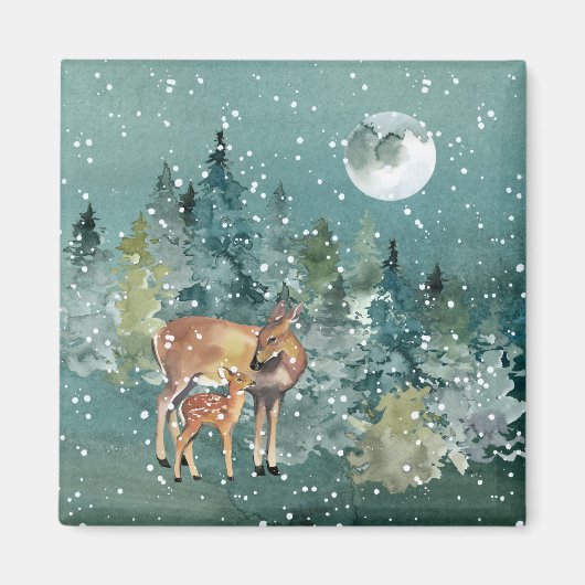 Hinde en Ree in Bos Volle Maan Sneeuwval Magneet (Voorkant)