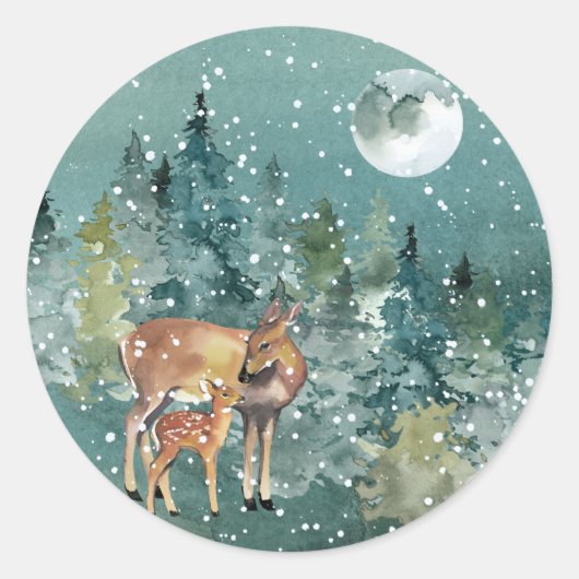 Hinde en Ree in Bos Volle Maan Sneeuwval Ronde Sticker (Voorkant)