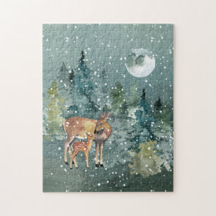 Hinde en Reegeweid Bos Volle Maan Sneeuwval Legpuzzel