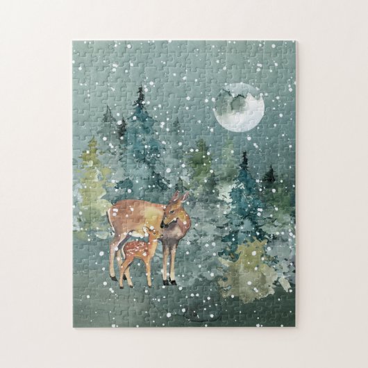 Hinde en Reegeweid Bos Volle Maan Sneeuwval Legpuzzel (Verticaal)