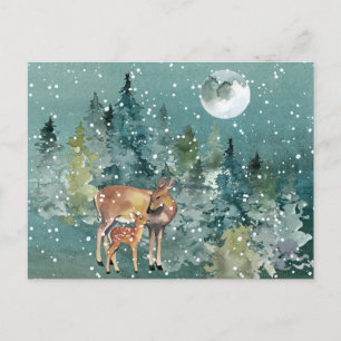Hinde en reekalf in bos onder volle maan sneeuwval briefkaart