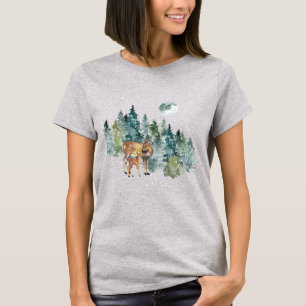 Hinde Hertenkalf Bos Volle Maan Sneeuwval Kerstmis T-shirt