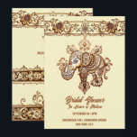 Hindi Mehndi Indische olifant henna lotus geel Kaart<br><div class="desc">Een prachtige henna geïnspireerde horizontale rand bevat gouden lotusbloemen en bloeiende wervelingen en knuffels aan de bovenkant van zowel de voor- als achterkant van deze uitnodiging. De voorkant heeft een decoratieve Indiase olifant onder de grens die is versierd met bloemige pauwenveren en ingewikkelde henna lijnen. De olifant staat zijwaarts naar...</div>