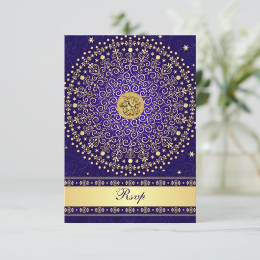 Hindoe Ganesh Blauw Goud Rollen Bruiloft RSVP Kaar (Staand voorkant)