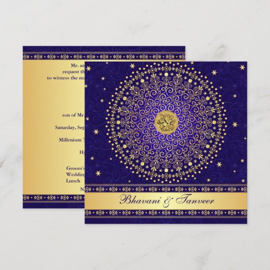 Hindoe Ganesh Blauw Goud Rollen Bruiloft Uitnodige Kaart (Voorkant / Achterkant)