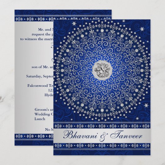 Hindoe Ganesh Blauw Zilver Rollen Bruiloft Uitnodi Kaart (Voorkant / Achterkant)