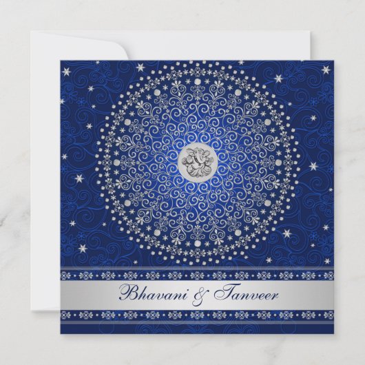 Hindoe Ganesh Blauw Zilver Rollen Bruiloft Uitnodi Kaart (Voorkant)