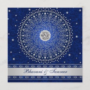 Hindoe Ganesh Blauw Zilver Rollen Bruiloft Uitnodi Kaart