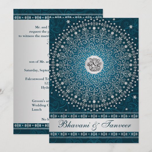 Hindoe Ganesh Blauwgroen, Silver Scrolls Bruiloft Kaart (Voorkant / Achterkant)