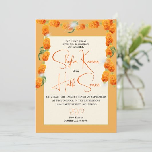 Hindoe halve Saree ceremonie bloemuitnodiging Feestdagenkaart (Staand voorkant)