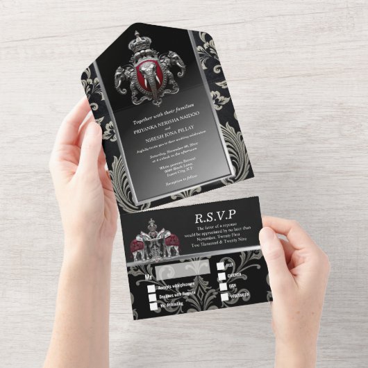 Hindoe Hindoe koninklijke Indiase top damast zwart All In One Uitnodiging (Afscheurbaar)