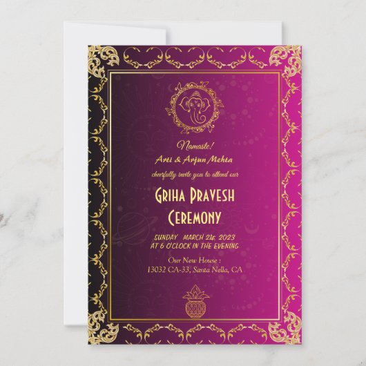 Hindoe Huis Warming Griha Pravesh Gouden Roze Kaart (Voorkant)