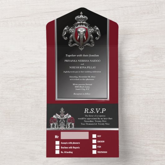 Hindoe Indiase olifanten damast Bourgondische zwar All In One Uitnodiging (Binnen)