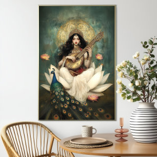 Hindoegodin Saraswati: Pauw Veena Lotus Poster