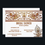 Hindoestaanse Indiase bruid gouden pauw veren henn Kaart<br><div class="desc">Een mooie donkere gouden henna- en pauw geïnspireerde decoratieve rand omarmt de bovenrand van deze uitnodiging en een enkele sierlijke pauwenveer-versiering verschijnt in de rechterbenedenhoek. De krullerige wervelingen lijken te schitteren en te glanzen en zien eruit alsof ze driedimensionaal zijn. Goudkleurige tekstsjablonen verschijnen op een scherp witte achtergrond voor uw...</div>