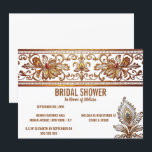 Hindoestaanse Indiase bruid gouden pauw veren henn Kaart<br><div class="desc">Een mooie donkere gouden henna- en pauw geïnspireerde decoratieve rand omarmt de bovenrand van deze uitnodiging en een enkele sierlijke pauwenveer-versiering verschijnt in de rechterbenedenhoek. De krullerige wervelingen lijken te schitteren en te glanzen en zien eruit alsof ze driedimensionaal zijn. Goudkleurige tekstsjablonen verschijnen op een scherp witte achtergrond voor uw...</div>