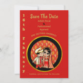 Hindoestaanse trouwkaarten Rood Goud Cartoon Koppe Save The Date (Voorkant)