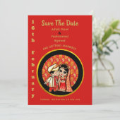 Hindoestaanse trouwkaarten Rood Goud Cartoon Koppe Save The Date (Staand voorkant)