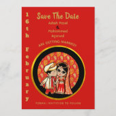 Hindoestaanse trouwkaarten Rood Goud Cartoon Koppe Save The Date (Voorkant)