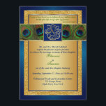 Hindu Ganesh Blauw, Gouden Peacock Bruiloft Uitnod Kaart<br><div class="desc">Was jouw liefde in de sterren geschreven? Deze dramatische blauwe en gouden bruiloft uitnodiging heeft een centraal blauw en goud FAUX gegraveerd look medaillon met de hindoegod Ganesh erop, liggend over een band van rijk gekleurde pauwenveren op. Er zit ook een gouden GEDRUKTE glitterrand op, en aanpasbare blauwe en groene...</div>