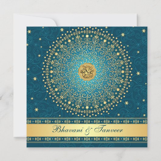Hindu Ganesh Blauwgroen, Gold Scroll Wedding Invit Kaart (Voorkant)