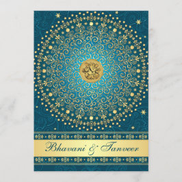 Hindu Ganesh Blauwgroen Gold Scroll Wedding Invite Kaart