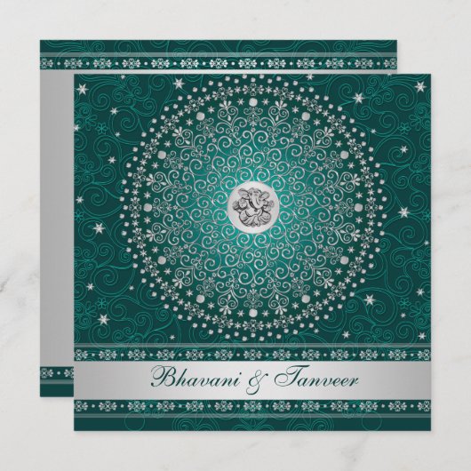 Hindu Ganesh Blauwgroen, Silver Scrolls Bruiloft U Kaart (Voorkant / Achterkant)