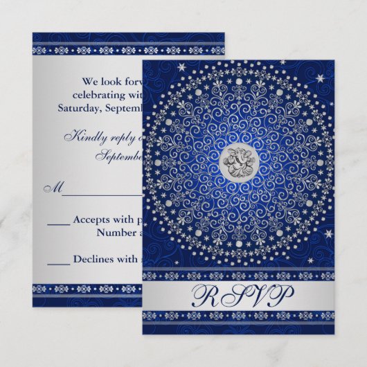 Hindu Ganesh Blue Silver Scrolls Bruiloft RSVP Kaa (Voorkant / Achterkant)
