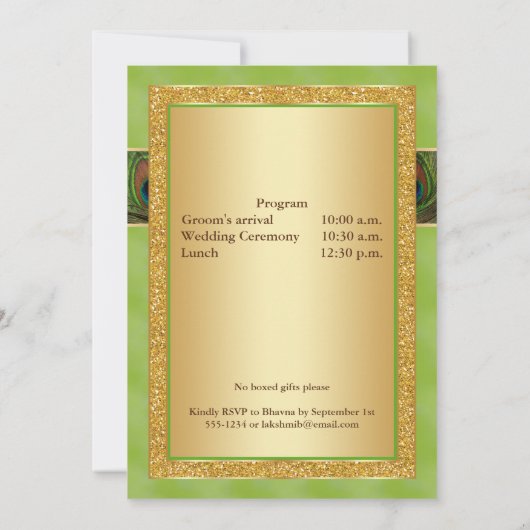 Hindu Ganesh Groen, Gouden Peacock Bruiloft Uitnod Kaart (Achterkant)