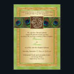 Hindu Ganesh Groen, Gouden Peacock Bruiloft Uitnod Kaart<br><div class="desc">Was jouw liefde in de sterren geschreven? Deze dramatische groene en gouden bruiloft uitnodiging heeft een centraal bruin en goud FAUX gegraveerd look medaillon met de hindoegod Ganesh erop, liggend over een band van rijk gekleurde pauwenveren, omgeven door een felgroene rand. Er zit ook een gouden GEDRUKTE glitterrand op, en...</div>
